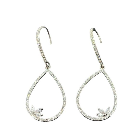 SH Pave Rhinestone Teardrop Dangle Earrings Silver Tone Hook Closure - Picture 1 of 6